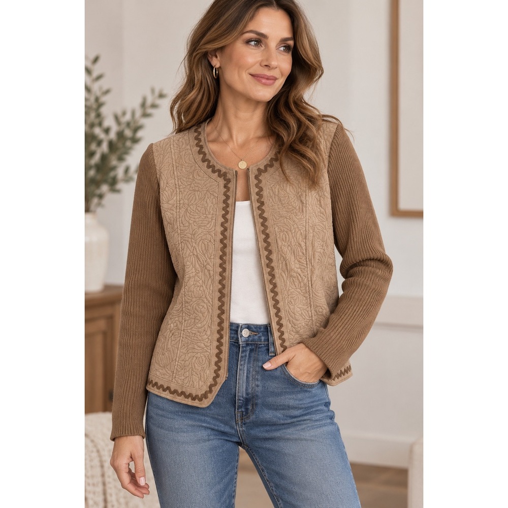 Peter Nygard Genuine Suede Leather Jacket Womens Embroidered Knit Sleeve Brown